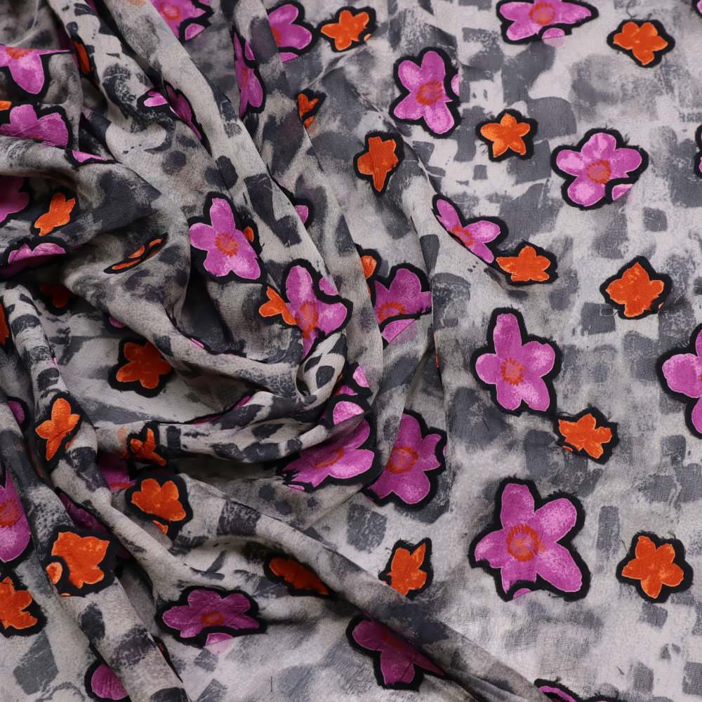 Chiffon Leo-Muster & Blumen-Applikationen - grau/violett/orange/anthrazit