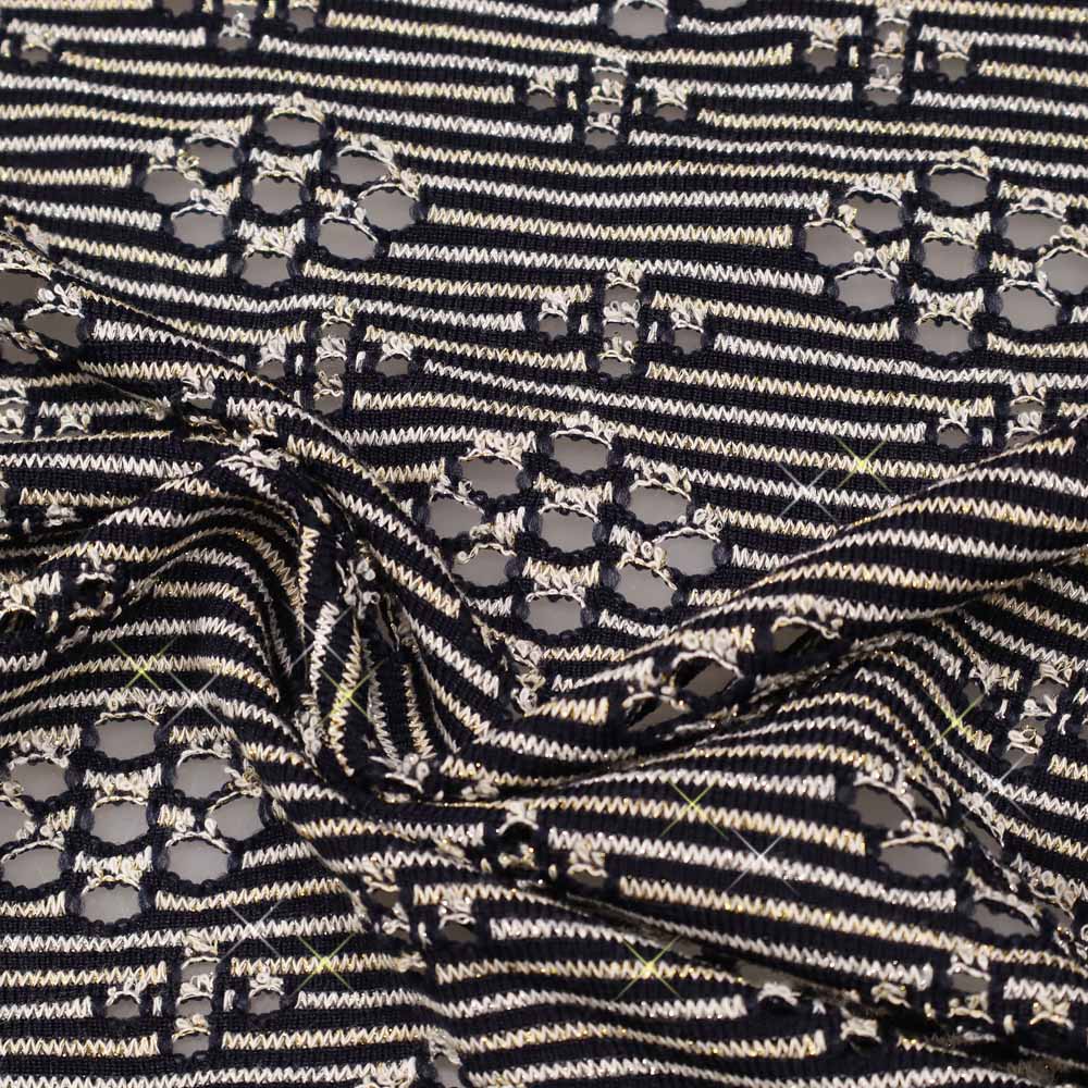 Strickstoff mit Lurex & Lochmuster - nachtblau/weiss/silber/gold