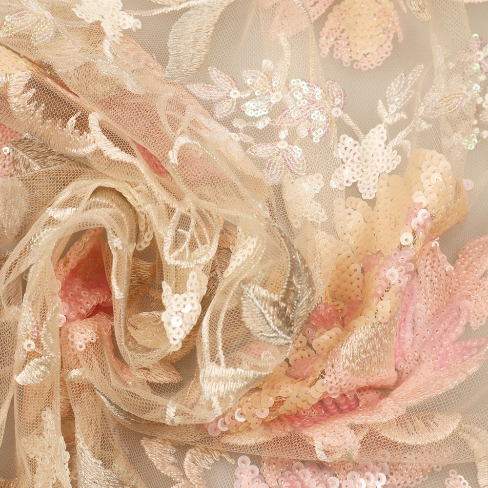 Pailletten-Tüll  Floral Pastell - beige(hautfarbe)/wollweiss/rosé/perlmutt/neon