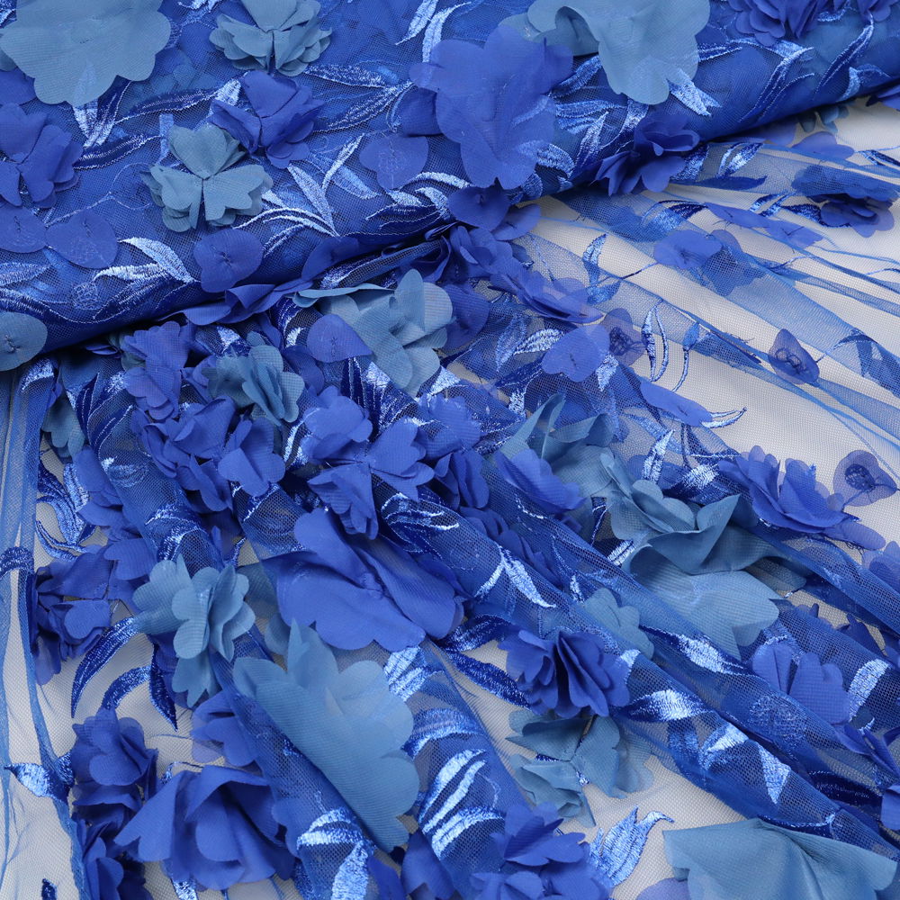 3D Tüll- Spitzenstoff Feintüll mit Strickkerei & 3D Blumen-Applikationen - royalblau/blau