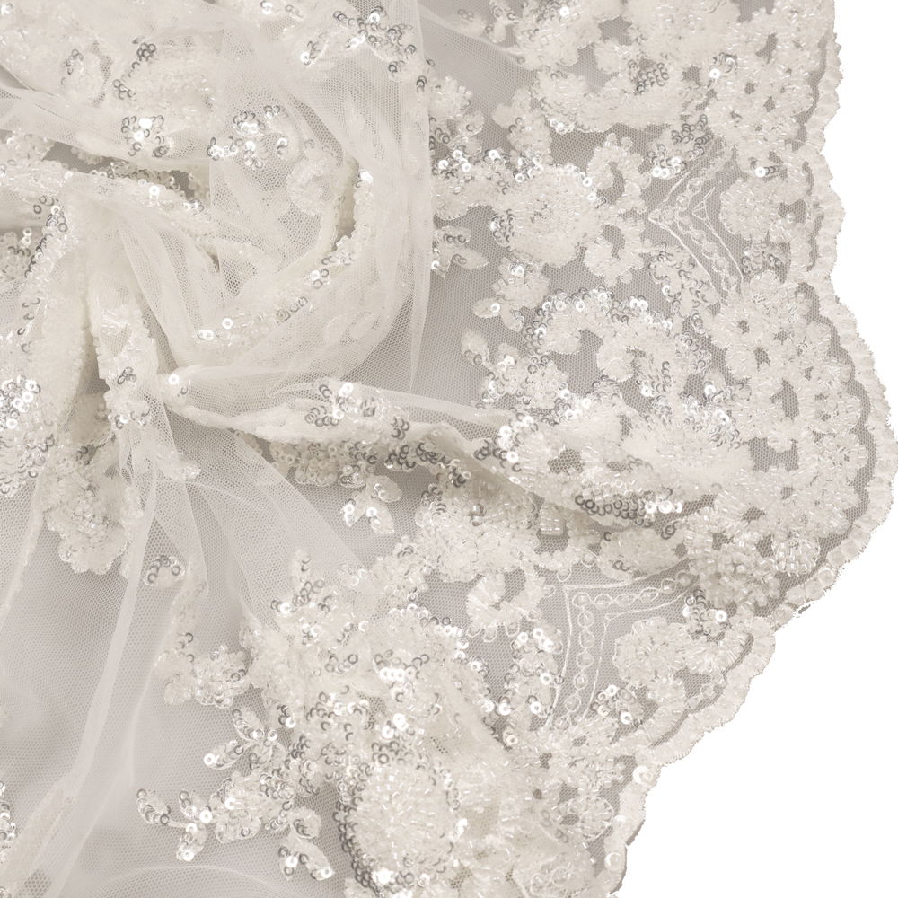 3D Bogen Tüll- Spitze mit Glasperlen & Pailletten uni - weiss