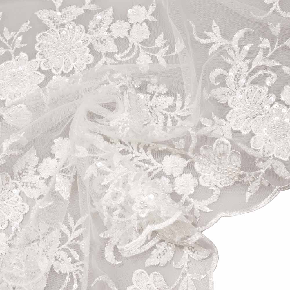 3D Bogen Tüll- Spitze mit Glasperlen & Pailletten uni - weiss