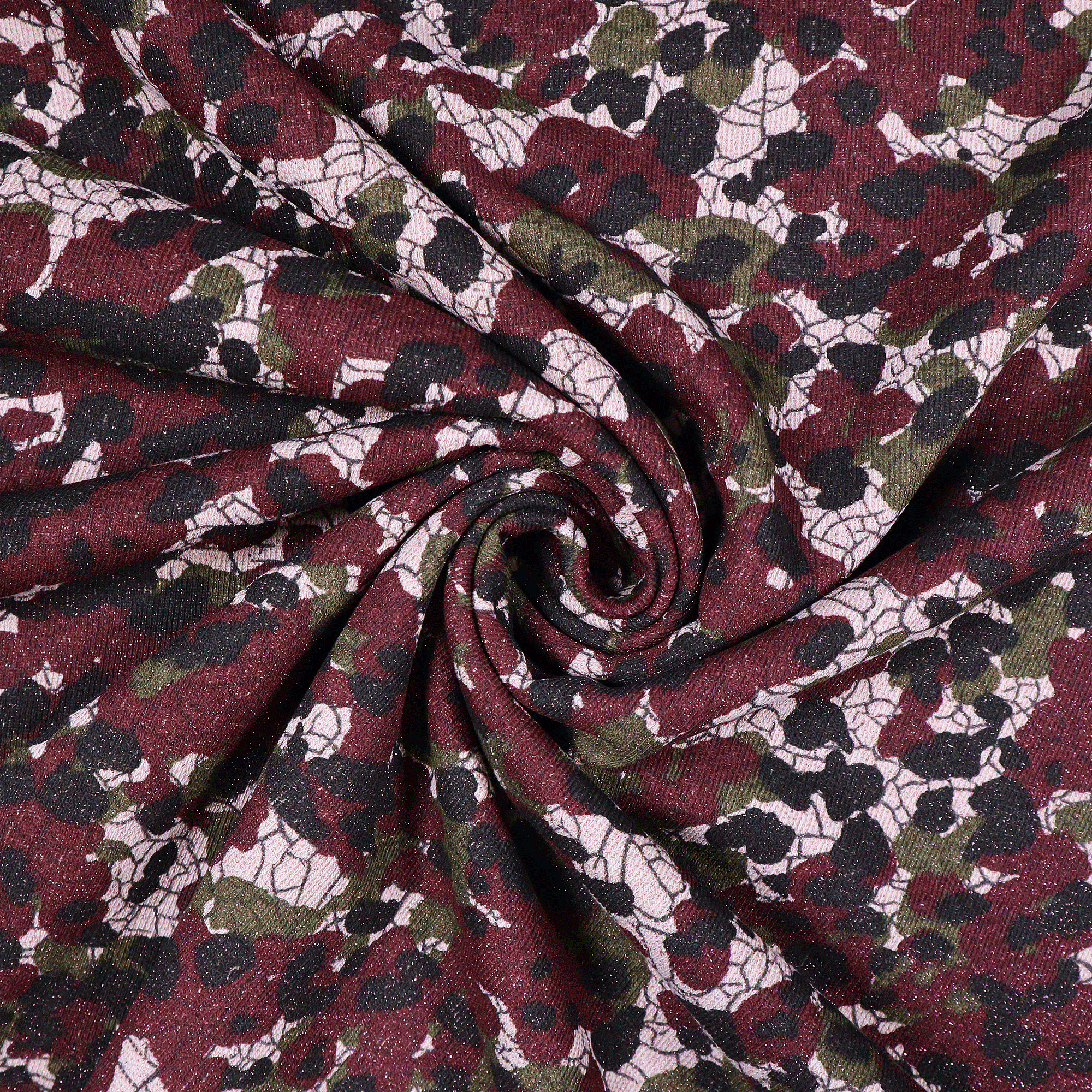 Sweatshirt Stoff  Camouflage-Style & Lurex - wollweiss/bordeaux/olivgrün/dunkelbraun