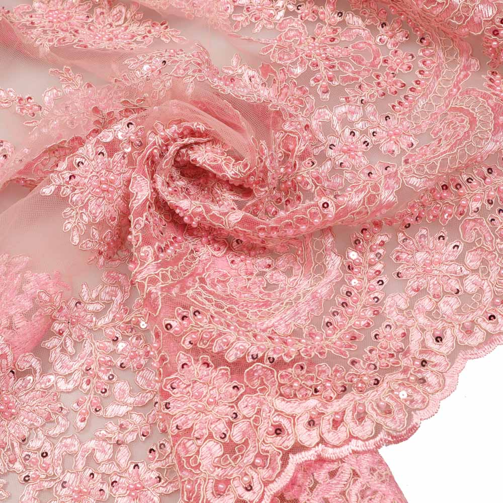 3D Bogen Tüll- Spitze mit Perlen & Pailletten uni - rosé
