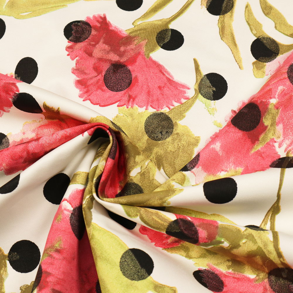 Baumwoll- Twill Blumen & Punkte - wollweiss/schwarz/himbeere/kiwi