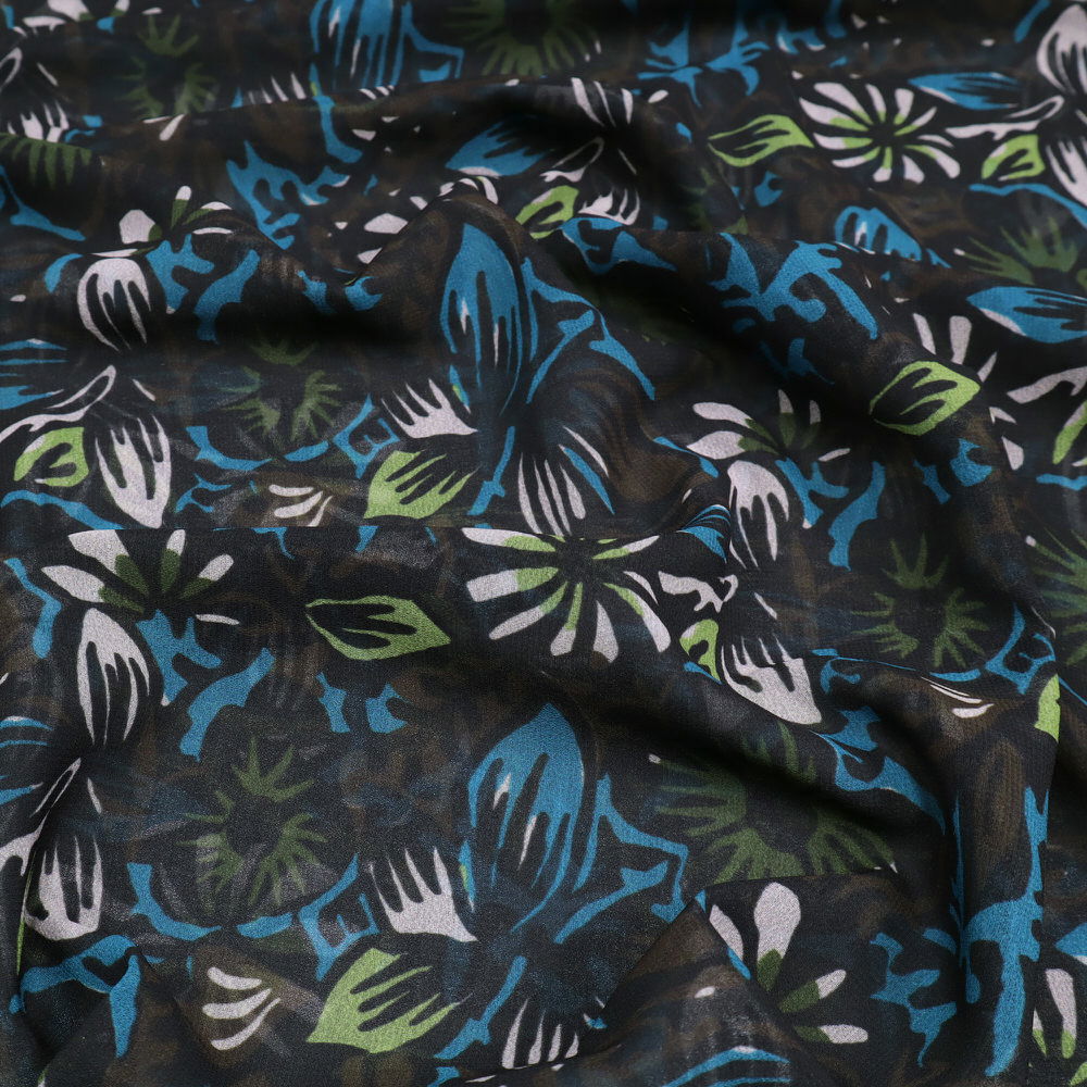 Chiffon mit Blumen-Motiv -  schwarz/petrol/braun/grün