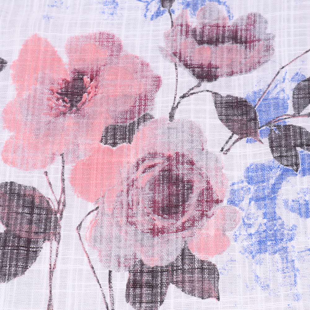 Baumwollstoff Leinen-Look Blumen - weiss/blau/rosé/braun
